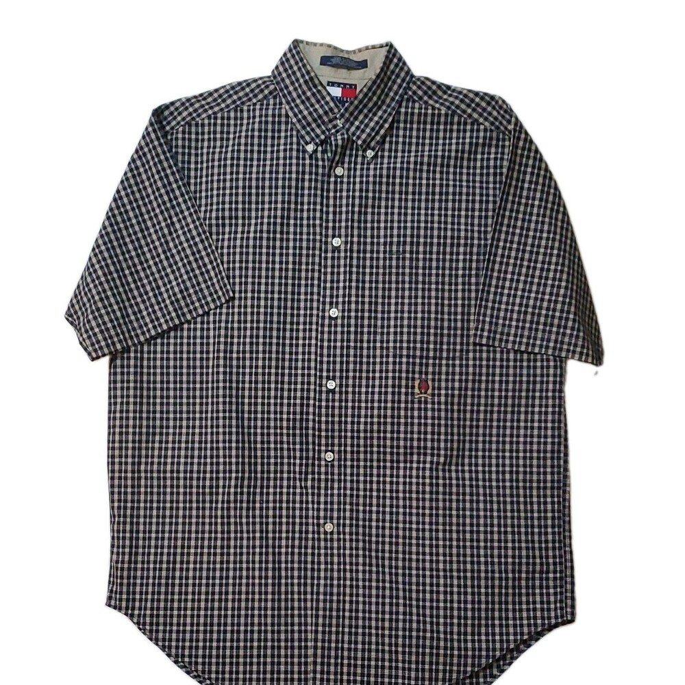 Tommy Hilfiger Men's M Navy/Beige Plaid Woven Cotton Button-Down Shirt Pockets